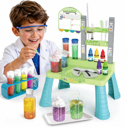 Set Masuta Laborator Stiintific pentru Copii DiscoveryKit™ 125+ Experimente STEM, Ochelari de Protectie, Eprubete, Pipete, Tavita si Accesorii, Chimie si Fizica, Kit Educativ Interactiv pentru Acasa, Multicolor