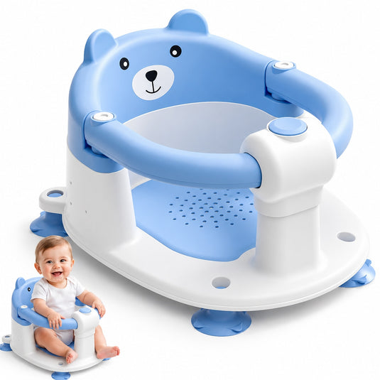 Scaun de Baie pentru Bebelusi TubbyCub™ Hug 360°, Brate Rabatabile cu Sistem de Blocare, 4 Ventuze Antiderapante, Sezut Ventilat cu Drenaj, Spatar Confortabil, Margini Rotunjite, Stabilitate Sporita, Baby Bear Blue