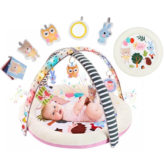 Covoras de Joaca 3in1 BabySavanna™ Salteluta Muzicala si Centru de Activitati cu Lumini, 5 Jucarii Senzoriale Detasabile, Melodii, Control Volum, Oglinda Auto-Descoperire, Plus Moale Izolare Termica, Arcada Reglabila, Multifunctional, Pink