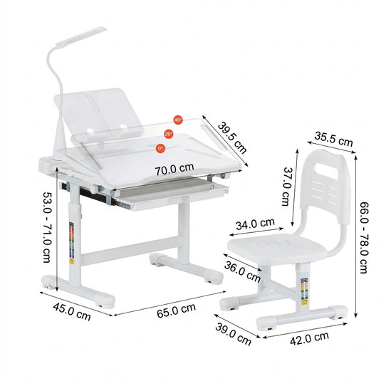 Birou Reglabil Copii cu Scaun Ergonomic FlexiUP™ StudyGrow Lampa LED 3 Moduri, Blat Inclinabil 60°, Sertar Organizator Extensibil, Suport Carti, Carlig Ghiozdan, Suport Pahar, Design pentru Postura Corecta, Reglaj Independent, Stabil, 3-12 Ani, Alb