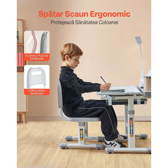 Birou Reglabil Copii cu Scaun Ergonomic FlexiUP™ StudyGrow Lampa LED 3 Moduri, Blat Inclinabil 60°, Sertar Organizator Extensibil, Suport Carti, Carlig Ghiozdan, Suport Pahar, Design pentru Postura Corecta, Reglaj Independent, Stabil, 3-12 Ani, Alb