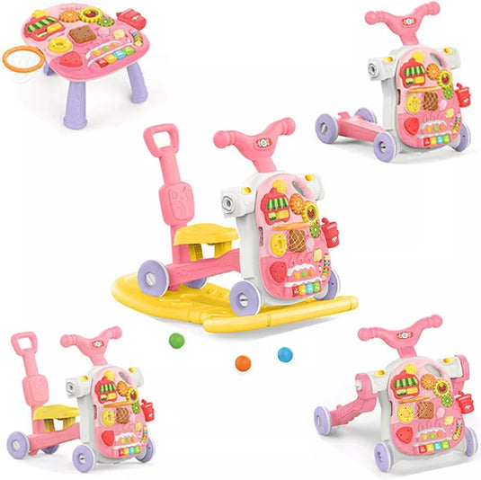 Antemergator Multifunctional 5in1 Rollix Indiggo® Balansoar / Scooter / Premergator / Centru de Activitati / Tricicleta cu Maner, Muzica si Lumini, Panou Detasabil, Pian, Forme Colorate, Roti Antiderapante si Blocabile, Rezervor cu Apa, Pink