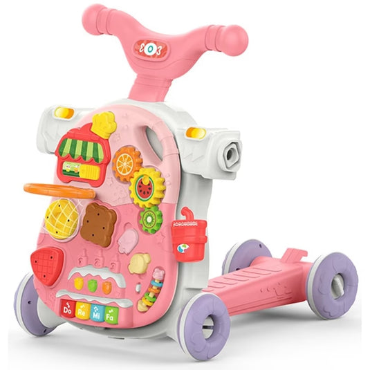 Antemergator Multifunctional 5in1 Rollix Indiggo® Balansoar / Scooter / Premergator / Centru de Activitati / Tricicleta cu Maner, Muzica si Lumini, Panou Detasabil, Pian, Forme Colorate, Roti Antiderapante si Blocabile, Rezervor cu Apa, Pink