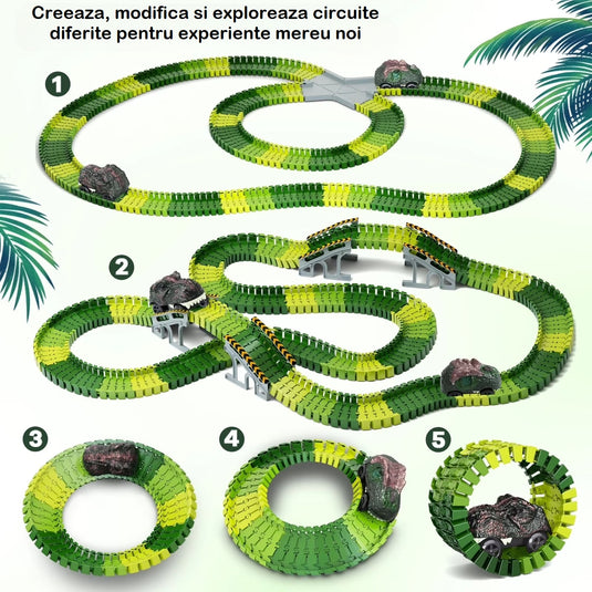 Set Circuit Dino RacePark™ 340 Piese Interconectabile, Masinuta Dinozaur cu Lumini, 2 Figurine Realiste, Palmieri, Semne de Circulatie, Poduri Suspendate, Traseu Flexibil si Interactiv, Dezvolta Creativitatea, Forest Green