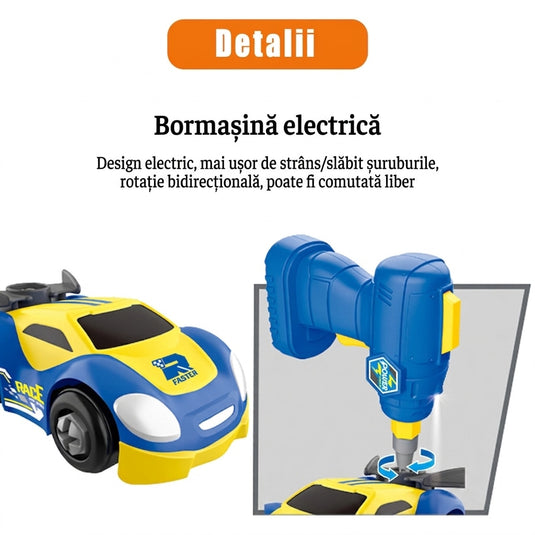 Set Banc de Lucru Interactiv cu Bormasina Electrica TurboTool™ Asamblare Masina de Curse, 87+ Piese, Lumini si Sunete, Atelier Mecanic STEM, Unelte Realiste si Accesorii, Rafturi Depozitare, Educational, Blue/Yellow