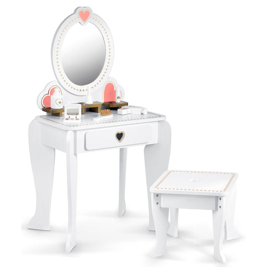 Masuta de Machiaj pentru Fetite, BellePrincesse, KinderVibe™, din Lemn Ecologic, cu Scaunel, Oglinda si Sertar, Accesorii, Margini Rotunjite, 93CM Inaltime, Alb Pastel