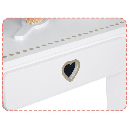Masuta de Machiaj pentru Fetite, BellePrincesse, KinderVibe™, din Lemn Ecologic, cu Scaunel, Oglinda si Sertar, Accesorii, Margini Rotunjite, 93CM Inaltime, Alb Pastel