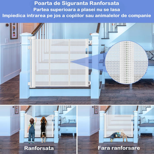 Poarta de Siguranta Retractabila si Extensibila 140 Cm FlexiBlock® Design RANFORSAT, Mecanism Dublu Blocare, Material Plasa Anti-Shock, Protectie Copii/Animale de Companie, Universal, Usi/Scari/Holuri, Interior/Exterior, Instalare Usoara, White Opal