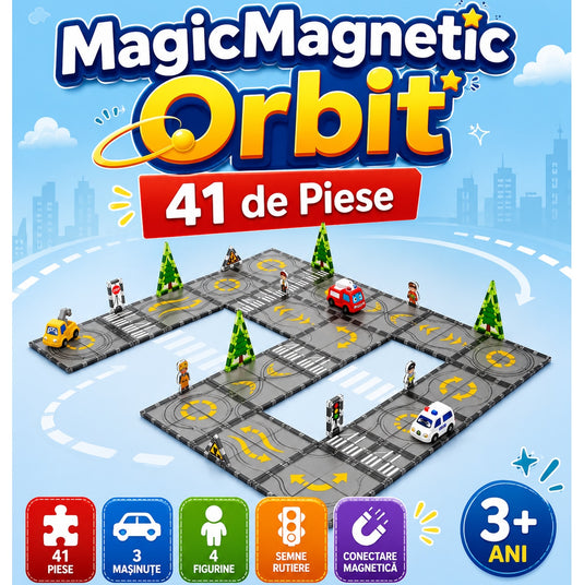 Circuit magnetic cu mașinuțe Orbit, 41 de piese