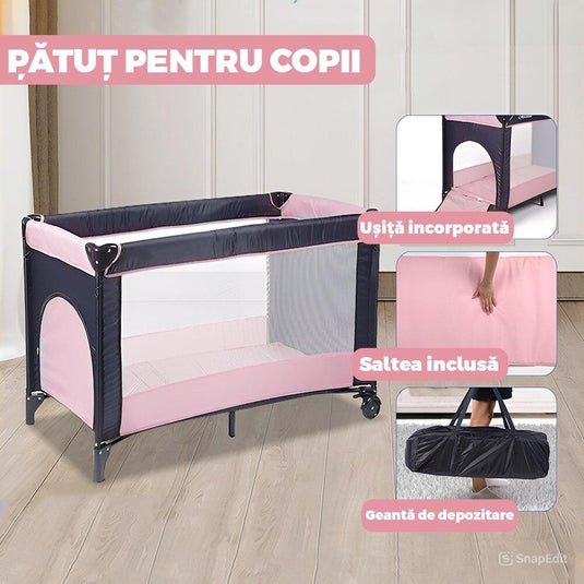 Pătuț de voiaj roz KiddoTrip 2 în 1