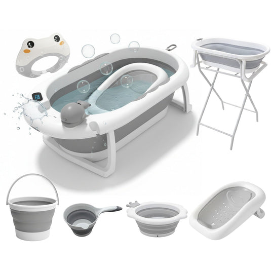 Cădiță pliabilă pentru bebeluși cu suport și accesorii de baie