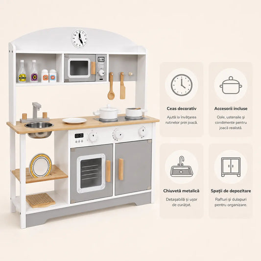 Bucatarie din Lemn pentru Copii, 85 cm – Bucatarie de Joaca cu Cuptor, Chiuveta, Plita, Cuptor cu Microunde si Accesorii