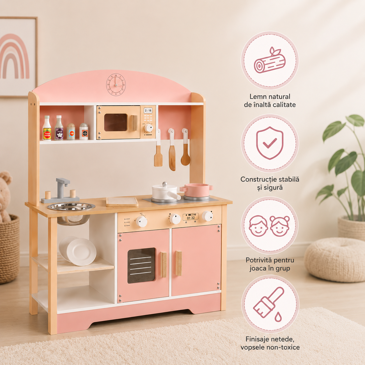 Bucatarie din Lemn pentru Copii, 85 cm, Cuptor, Plita, Chiuveta si Accesorii, Montessori, Alb/Roz