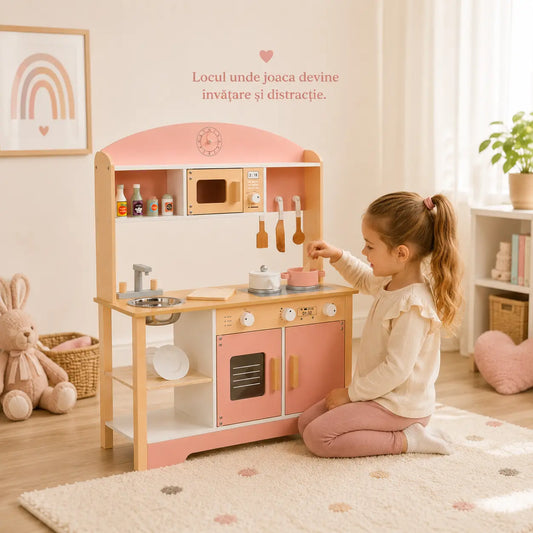 Bucatarie din Lemn pentru Copii, 85 cm, Cuptor, Plita, Chiuveta si Accesorii, Montessori, Alb/Roz