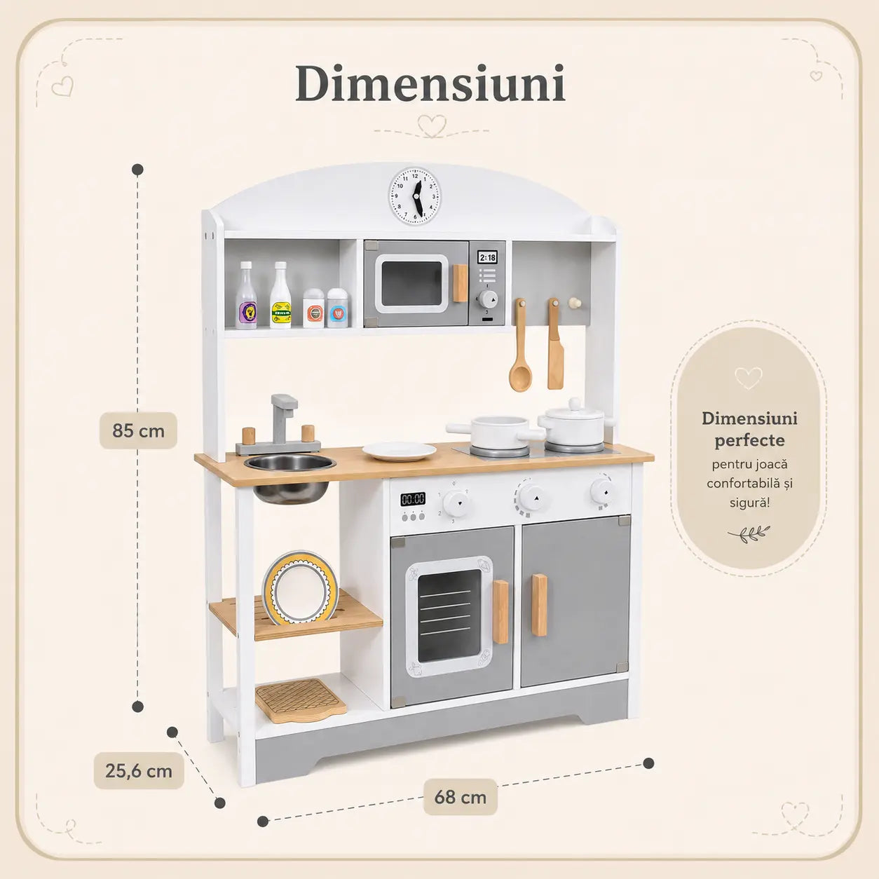 Bucatarie din Lemn pentru Copii, 85 cm – Bucatarie de Joaca cu Cuptor, Chiuveta, Plita, Cuptor cu Microunde si Accesorii
