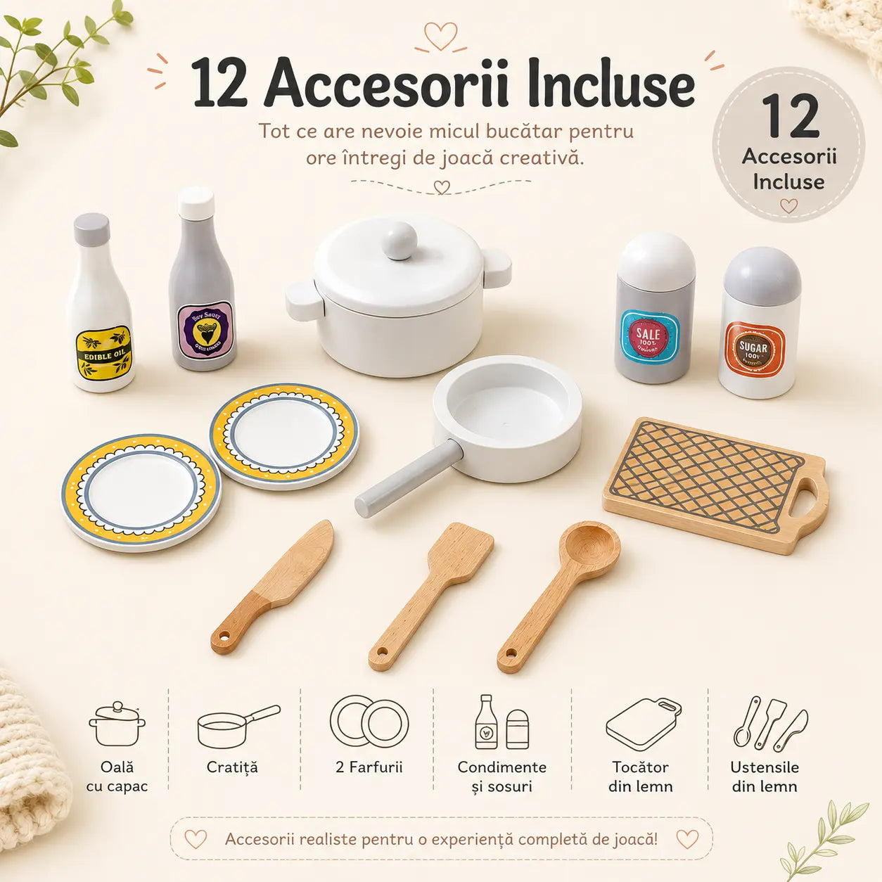 Bucatarie din Lemn pentru Copii, 85 cm – Bucatarie de Joaca cu Cuptor, Chiuveta, Plita, Cuptor cu Microunde si Accesorii