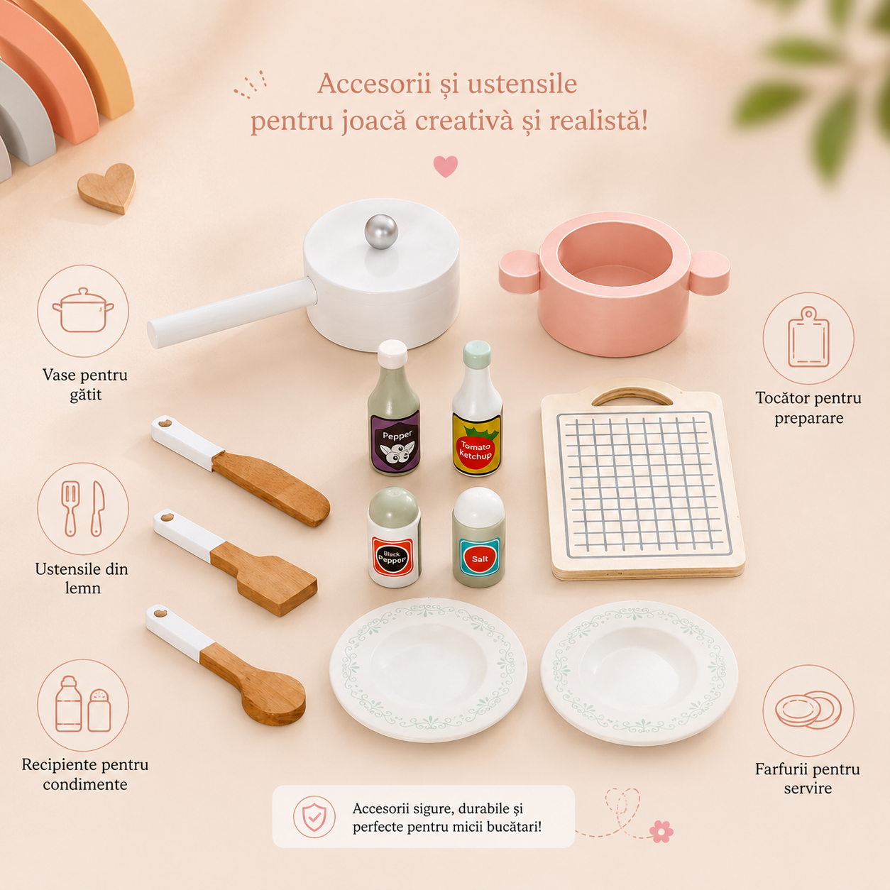 Bucatarie din Lemn pentru Copii, 85 cm, Cuptor, Plita, Chiuveta si Accesorii, Montessori, Alb/Roz