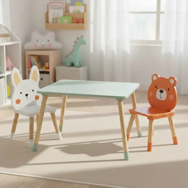 Masuta si 2 Scaune Copii din Lemn Sweet Animals – Set Montessori Bear & Bunny, Design Scandinav, Green Woody