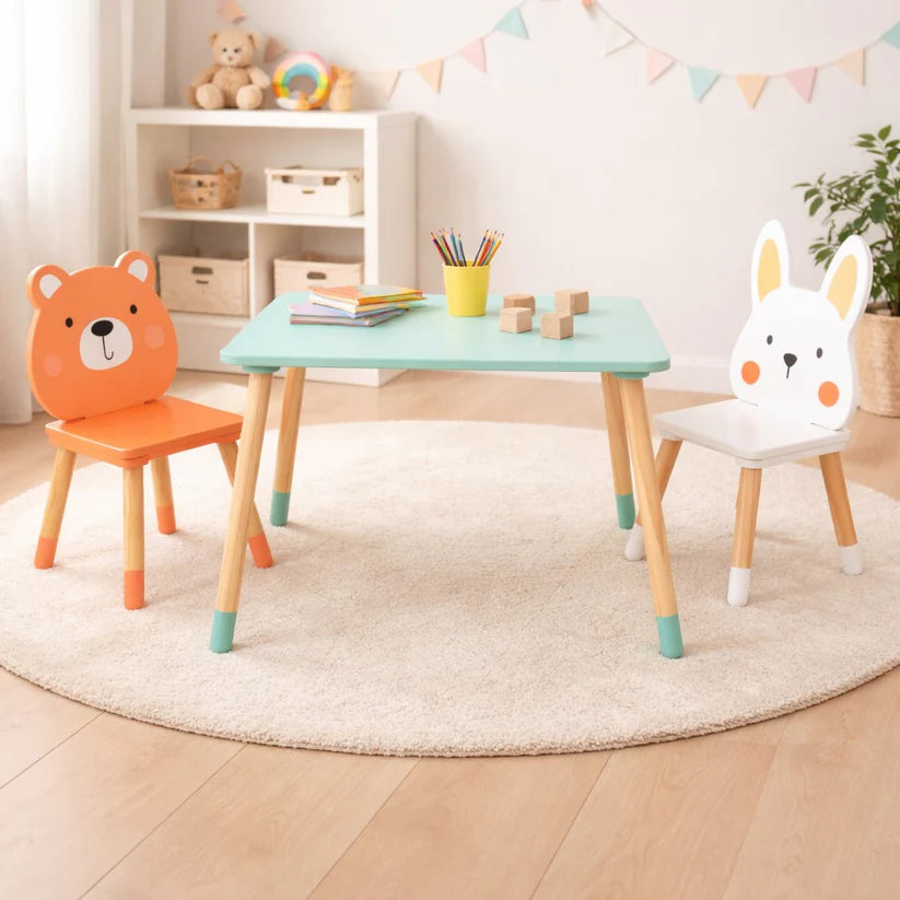 Masuta si 2 Scaune Copii din Lemn Sweet Animals – Set Montessori Bear & Bunny, Design Scandinav, Green Woody
