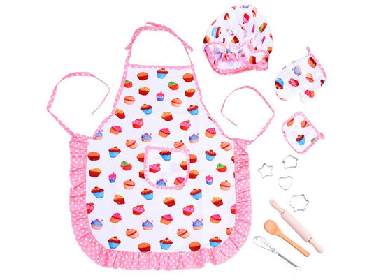 Set de Bucatar pentru Copii, Include Boneta, Sort, Manusa, 4 Forme pentru Biscuiti, Sucitor, Tel, Lingura de Lemn, Stimuleaza Imaginatia, Indiggo®, 3ani+, Multicolor