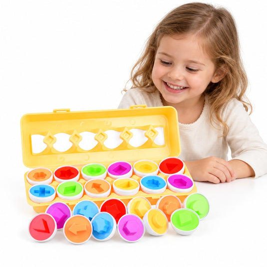 Joc Educativ, Set de 12 Oua in Cutie, Montessori, 4 Culori si 12 Forme Diferite, Potrivirea Culorilor si a Formelor, Joc de Asociere, Dezvolta Coordonarea Mana-Ochi, Indiggo, 3ani+, Multicolor