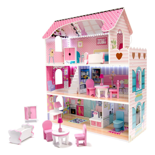 Casuta de Papusi, din Lemn de Calitate, cu Iluminare LED, DollHouse Villa, in Culori Pastelate, 3 Niveluri, 5 Camere si Terasa, 9 Piese de Mobilier, Indiggo®, 70 Cm Inaltime, Roz/Alb