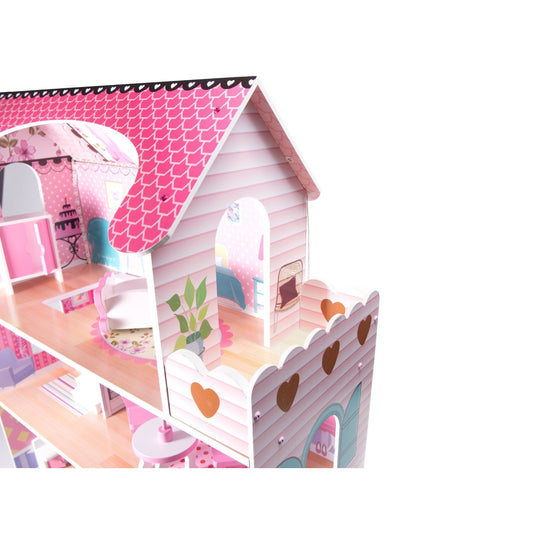 Casuta de Papusi, din Lemn de Calitate, cu Iluminare LED, DollHouse Villa, in Culori Pastelate, 3 Niveluri, 5 Camere si Terasa, 9 Piese de Mobilier, Indiggo®, 70 Cm Inaltime, Roz/Alb