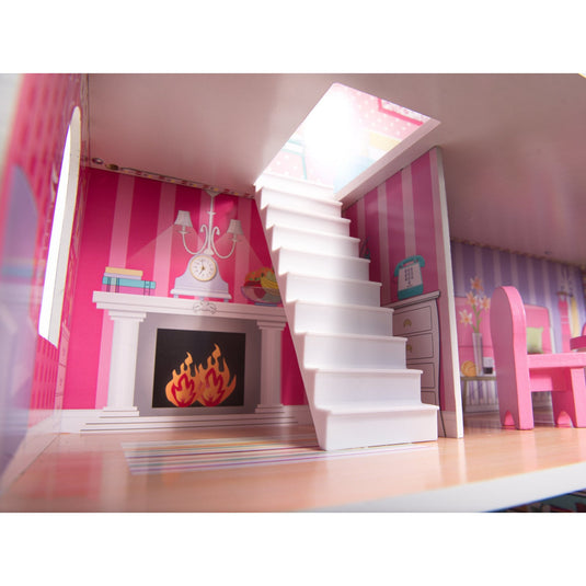 Casuta de Papusi, din Lemn de Calitate, cu Iluminare LED, DollHouse Villa, in Culori Pastelate, 3 Niveluri, 5 Camere si Terasa, 9 Piese de Mobilier, Indiggo®, 70 Cm Inaltime, Roz/Alb