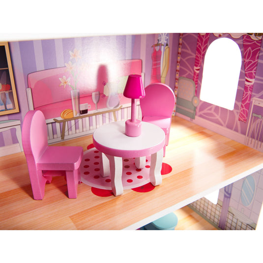 Casuta de Papusi, din Lemn de Calitate, cu Iluminare LED, DollHouse Villa, in Culori Pastelate, 3 Niveluri, 5 Camere si Terasa, 9 Piese de Mobilier, Indiggo®, 70 Cm Inaltime, Roz/Alb