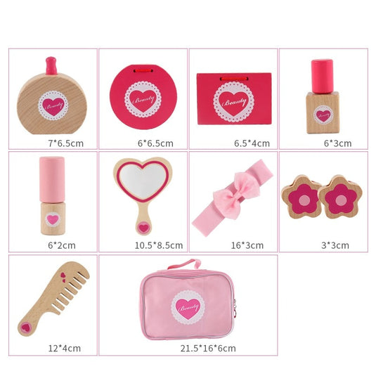 Set de Infrumusetare pentru Fetite, Cosmetic Purse, din Lemn, Include Geanta cu Maner si Fermoar, 10 Accesorii, Calitate Premium, Vopsea pe Baza de Apa, Indiggo®, 3ani+, Roz