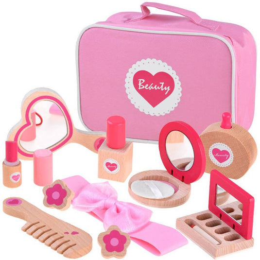 Set de Infrumusetare pentru Fetite, Cosmetic Purse, din Lemn, Include Geanta cu Maner si Fermoar, 10 Accesorii, Calitate Premium, Vopsea pe Baza de Apa, Indiggo®, 3ani+, Roz
