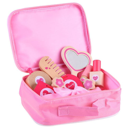 Set de Infrumusetare pentru Fetite, Cosmetic Purse, din Lemn, Include Geanta cu Maner si Fermoar, 10 Accesorii, Calitate Premium, Vopsea pe Baza de Apa, Indiggo®, 3ani+, Roz