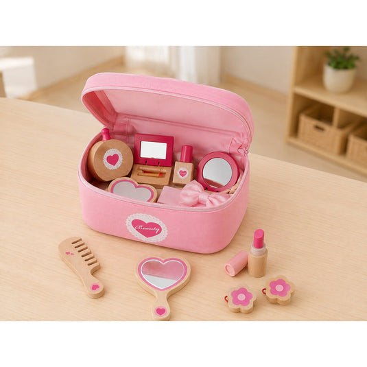Set de Infrumusetare pentru Fetite, Cosmetic Purse, din Lemn, Include Geanta cu Maner si Fermoar, 10 Accesorii, Calitate Premium, Vopsea pe Baza de Apa, Indiggo®, 3ani+, Roz