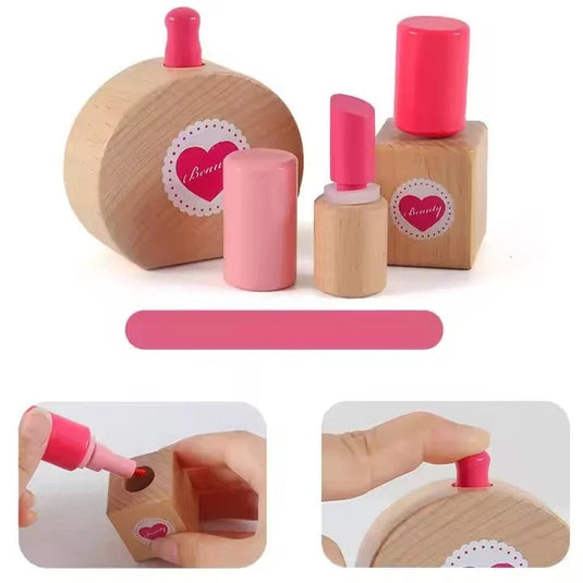 Set de Infrumusetare pentru Fetite, Cosmetic Purse, din Lemn, Include Geanta cu Maner si Fermoar, 10 Accesorii, Calitate Premium, Vopsea pe Baza de Apa, Indiggo®, 3ani+, Roz