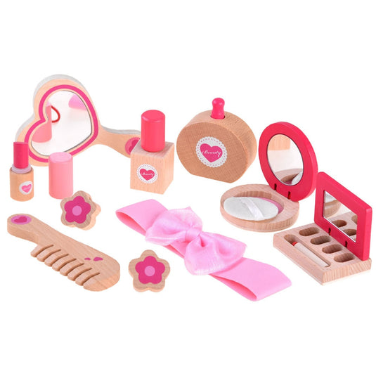 Set de Infrumusetare pentru Fetite, Cosmetic Purse, din Lemn, Include Geanta cu Maner si Fermoar, 10 Accesorii, Calitate Premium, Vopsea pe Baza de Apa, Indiggo®, 3ani+, Roz