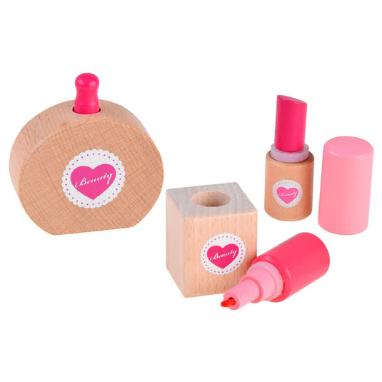 Set de Infrumusetare pentru Fetite, Cosmetic Purse, din Lemn, Include Geanta cu Maner si Fermoar, 10 Accesorii, Calitate Premium, Vopsea pe Baza de Apa, Indiggo®, 3ani+, Roz