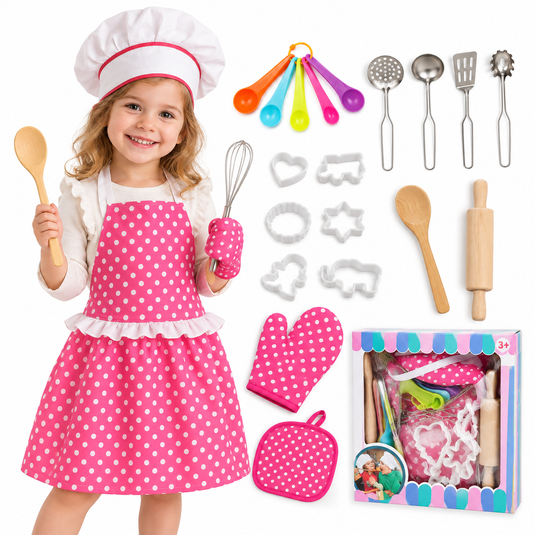 Set de Bucatar pentru Copii, Include Sort, Boneta, Manusa, Suport Vase Fierbinti, Sucitor, Tel, Lingura de Lemn, Palete, Forme de Biscuiti, Indiggo, 3ani+, Pink Cherry