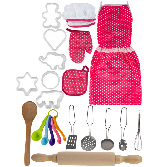 Set de Bucatar pentru Copii, Include Sort, Boneta, Manusa, Suport Vase Fierbinti, Sucitor, Tel, Lingura de Lemn, Palete, Forme de Biscuiti, Indiggo, 3ani+, Pink Cherry