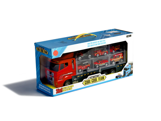 Set de Masinute, Tir Truck, Camion cu 6 Masini de Pompieri, 36 cm Lungime, cu Panou Transparent, Iesire Speciala pentru Masini, Aspect Realist, Red