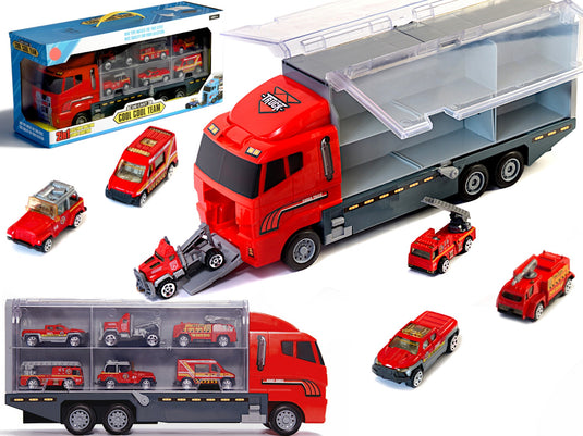 Set de Masinute, Tir Truck, Camion cu 6 Masini de Pompieri, 36 cm Lungime, cu Panou Transparent, Iesire Speciala pentru Masini, Aspect Realist, Red