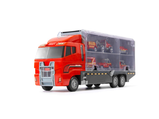 Set de Masinute, Tir Truck, Camion cu 6 Masini de Pompieri, 36 cm Lungime, cu Panou Transparent, Iesire Speciala pentru Masini, Aspect Realist, Red