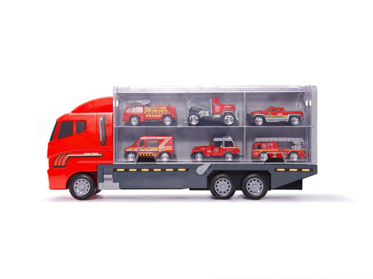 Set de Masinute, Tir Truck, Camion cu 6 Masini de Pompieri, 36 cm Lungime, cu Panou Transparent, Iesire Speciala pentru Masini, Aspect Realist, Red