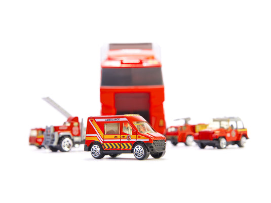 Set de Masinute, Tir Truck, Camion cu 6 Masini de Pompieri, 36 cm Lungime, cu Panou Transparent, Iesire Speciala pentru Masini, Aspect Realist, Red