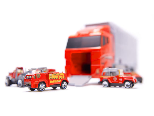Set de Masinute, Tir Truck, Camion cu 6 Masini de Pompieri, 36 cm Lungime, cu Panou Transparent, Iesire Speciala pentru Masini, Aspect Realist, Red