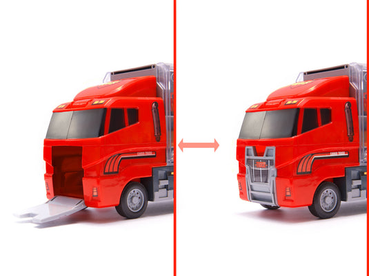 Set de Masinute, Tir Truck, Camion cu 6 Masini de Pompieri, 36 cm Lungime, cu Panou Transparent, Iesire Speciala pentru Masini, Aspect Realist, Red