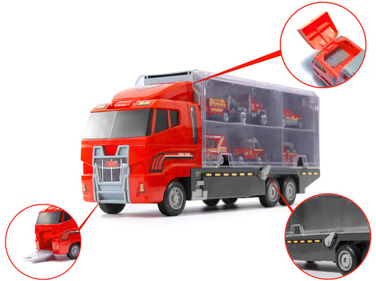 Set de Masinute, Tir Truck, Camion cu 6 Masini de Pompieri, 36 cm Lungime, cu Panou Transparent, Iesire Speciala pentru Masini, Aspect Realist, Red