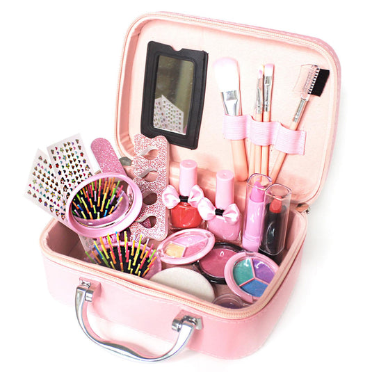 Trusa de Machiaj pentru Fetite, Model Sirena, Include Farduri, 2 Lacuri de Unghii, Pensule, Perie cu Oglinda, 2 Rujuri, Culori Solubile in Apa, Indiggo®, 5ani+, Pink Chic