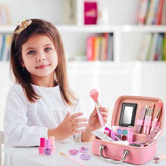 Trusa de Machiaj pentru Fetite, Model Sirena, Include Farduri, 2 Lacuri de Unghii, Pensule, Perie cu Oglinda, 2 Rujuri, Culori Solubile in Apa, Indiggo®, 5ani+, Pink Chic