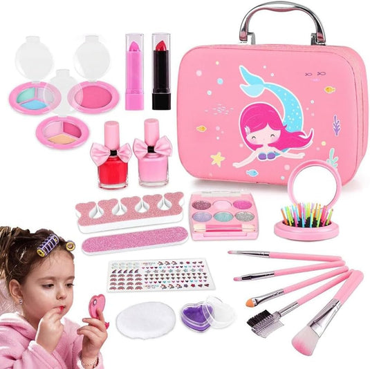 Trusa de Machiaj pentru Fetite, Model Sirena, Include Farduri, 2 Lacuri de Unghii, Pensule, Perie cu Oglinda, 2 Rujuri, Culori Solubile in Apa, Indiggo®, 5ani+, Pink Chic