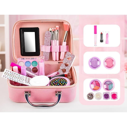 Trusa de Machiaj pentru Fetite, Model Sirena, Include Farduri, 2 Lacuri de Unghii, Pensule, Perie cu Oglinda, 2 Rujuri, Culori Solubile in Apa, Indiggo®, 5ani+, Pink Chic